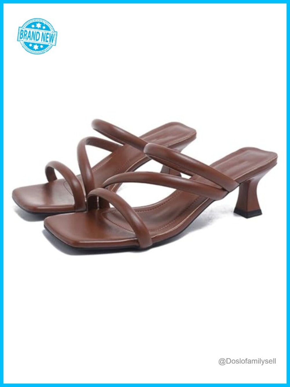 Women's Square Toe Kitten Heel Slide Sandals Faux Leather Slip On Comfort